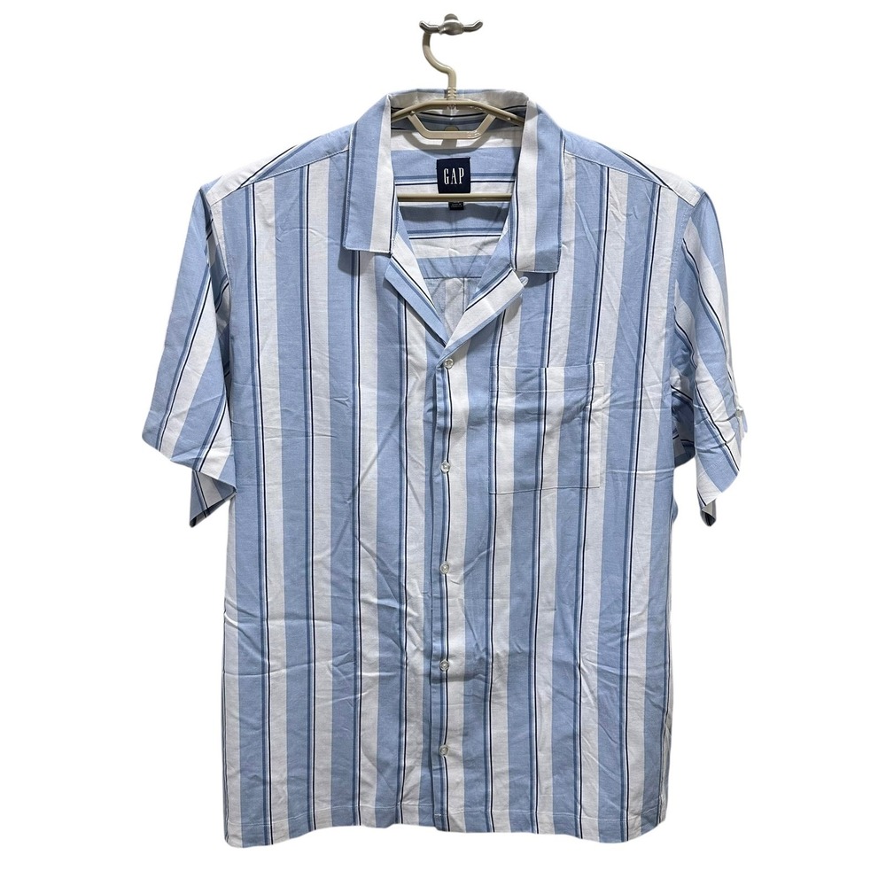 GAP Mens XXL Blue Striped Short Sleeve Camp‎ Shirt Button Down Linen Blend NEW